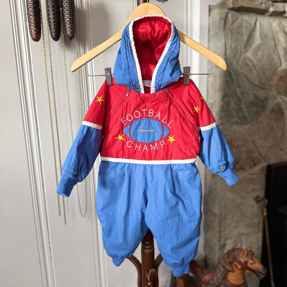 Vintage Red and Blue Football Champ Baby Snowsuit Jumpsuit